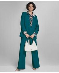 Calvin Klein - High Rise Wide Leg Pants Printed Charmeuse Button Front Blouse Heavy Open Front Ruched Sleeve Blazer - Lyst