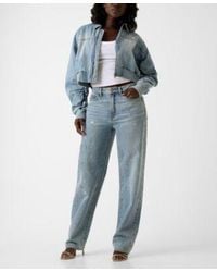 Guess - Anna Collared Cropped Bomber Jacket Relaxed Barrel High Rise Jeans - Lyst