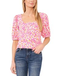 Cece - Floral Print Square Neck Puff Sleeve Knit Top - Lyst