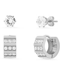 Steeltime - 2 Pieces Set Stainless Steel And Simulated Diamond Cross Studs Or huggie Earrings Set - Lyst