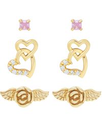 Link Up Link Up 3-piece Set Flower, Pink Crystal And Hearts Stud Earrings In 18k Gold Over Sterling Silver - Metallic
