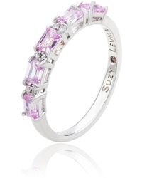 SUZY LEVIAN NEW YORK - Suzy Levian Sterling Silver Sapphire & Created White Sapphire 5 Stone Emerald Cut Thin Half Band Ring - Lyst