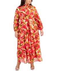 Taylor - Plus Size Printed Belted Blouson-sleeve Maxi Dress - Lyst