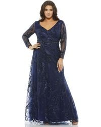 Mac Duggal - Plus Size Embellished Illusion Long Sleeve V-neck A-line Gown - Lyst