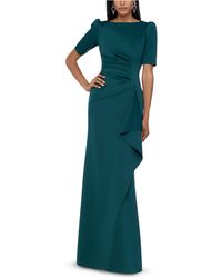 xscape long sleeve gold embroidered rouched gown