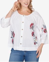 Ruby Rd. - Plus Size Floral Embroidered Poplin Button Front Top - Lyst