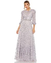 Mac Duggal - Floral Applique Puff Sleeve High Neck A-line Gown - Lyst