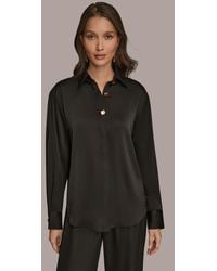 Donna Karan - Silk Collared Long Sleeve Button Down Top - Lyst