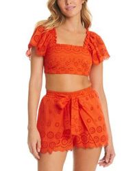 Red Carter - Flutter Sleeve Cotton Crop Top Front Tie Shorts - Lyst