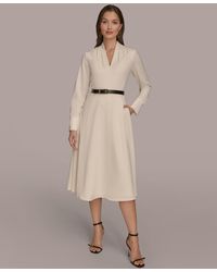 Donna Karan - Satin V-neck Belted A-line Midi Dress - Lyst