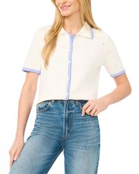 Cece - Pointelle Short-sleeve Collared Cotton Cardigan - Lyst