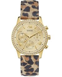 Guess - Gold-tone Glitz Animal Print Genuine Leather Strap Multi-function Watch - Lyst