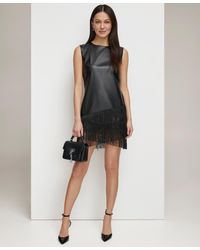 DKNY - Faux-leather Fringe-trim Sleeveless Dress - Lyst