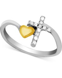 Macy's Diamond (1/10 Ct. T.w.) Cross & Heart Ring In Two-tone Sterling Silver - Metallic