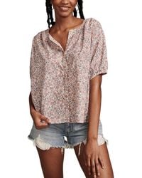 Lucky Brand - Printed Cotton Smocked-trim Blouse - Lyst