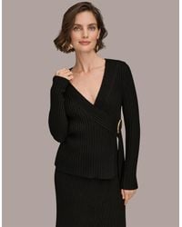 Donna Karan - Ribbed V-neck Long Sleeve Sweater - Lyst