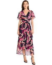 Maggy London - Printed V-neck Midi Fit & Flare Dress - Lyst