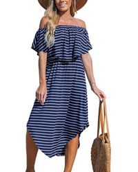 CUPSHE - Navy-and- Stripe Off-shoulder Flounce Bodice Midi Beach Dress - Lyst
