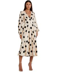 Mac Duggal - Polka Dot Charmeuse Long Sleeve V Neck Midi Dress - Lyst