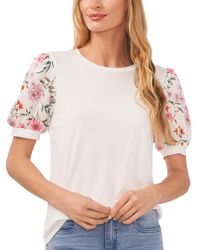 Cece - Floral Mixed Media Short Puff Sleeve Knit Top - Lyst