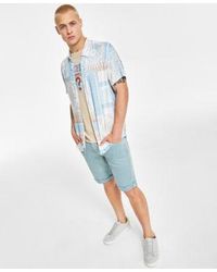 Guess - Patchwork Button Down Shirt Mosaic Triangle Logo Graphic T Shirt Regular Fit Stretch Denim Shorts - Lyst