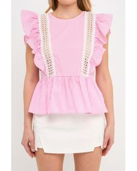 English Factory - Poplin Ruffle With Lace Trim Top - Lyst