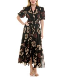 Taylor - Floral Print Puff-sleeve Collared Polyester Shirt Dress - Lyst