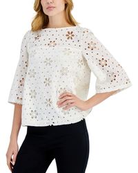 Tahari - Floral Embroidered Eyelet Boat-neck Top - Lyst