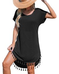 CUPSHE - Round Neck Short Sleeve Tassel Hem Mini Beach Dress - Lyst