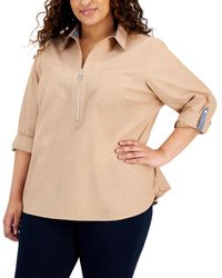 Tommy Hilfiger - Plus Size Chambray 1/2-zip Roll-tab-sleeve Cotton Popover Shirt - Lyst