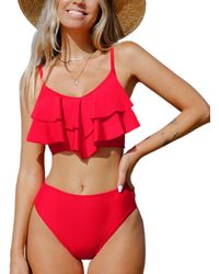 CUPSHE - V-neck Ruffled Top & High Waist Bikini Set - Lyst