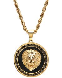 Steeltime - Two-tone Stainless Steel Simulated Diamond Lion Head On Greek Key Mount 24" Pendant Necklace - Lyst