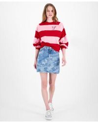 Tommy Hilfiger - Striped Letterman Crewneck Cotton Sweatshirt Hawaiian Print Denim Mini Skirt - Lyst