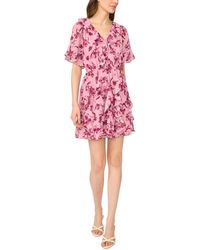 Cece - Waterfall Ruffle Short-sleeve Mini Floral V-neck Dress - Lyst