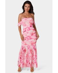 Bebe - Off Shoulder Ruched Mesh Gown - Lyst