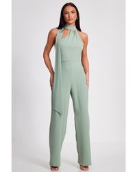 Quiz - Scuba Crepe Halter Neck Jumpsuit With Scarf Tie Detail - Lyst