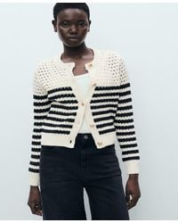 Mango - Striped Openwork Knitted Cardigan Sweater - Lyst