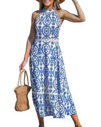 CUPSHE - Blue & White Ornate Halterneck Sleeveless Midi Beach Dress - Lyst