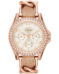 Fossil - Riley Rose Gold-tone Chain And Bone Leather Strap Watch 38mm Es3466 - Lyst
