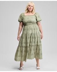 And Now This - Trendy Plus Size Eyelet Embroidered Cotton Puff-sleeve Maxi Dress - Lyst