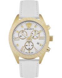 Versace - Swiss Chronograph Greca White Leather Strap Watch 40mm - Lyst