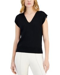 Tahari - V-neck Ribbed Button-shoulder Cap-sleeve Sweater - Lyst