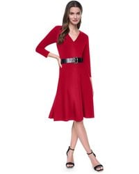 DKNY - Long Sleeve V-neck Belted Fit And Flare Midi Dress - Lyst