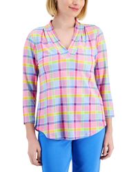 Charter Club - Petite Willow Plaid Knit V-neck 3/4-sleeve Top - Lyst