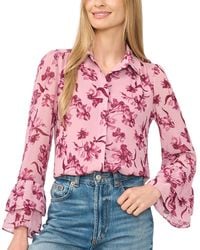 Cece - Long-sleeve Double-ruffle Cuff Button-down Floral-print Blouse - Lyst