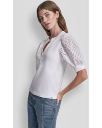 DKNY - Petite Rib Body Eyelet V-neck Top - Lyst