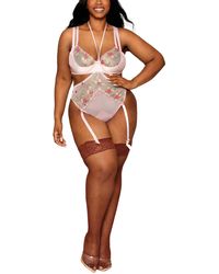 Dreamgirl - Plus Vintage Rose Embroidery Bra And Open Cup Teddy Set - Lyst
