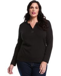 Rafaella - Plus Size Woven Trim Split V-neck Long Sleeve Top - Lyst