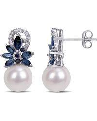 Macy's - Freshwater Cultured Pearl (9-9.5mm), Sapphire (1 5/8 Ct. T.w.) And Diamond (1/8 Ct. T.w.) Floral Earrings In 14k White Gold - Lyst