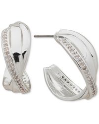 Anne Klein - Silver-tone Small Pave Crossover C-hoop Earrings - Lyst